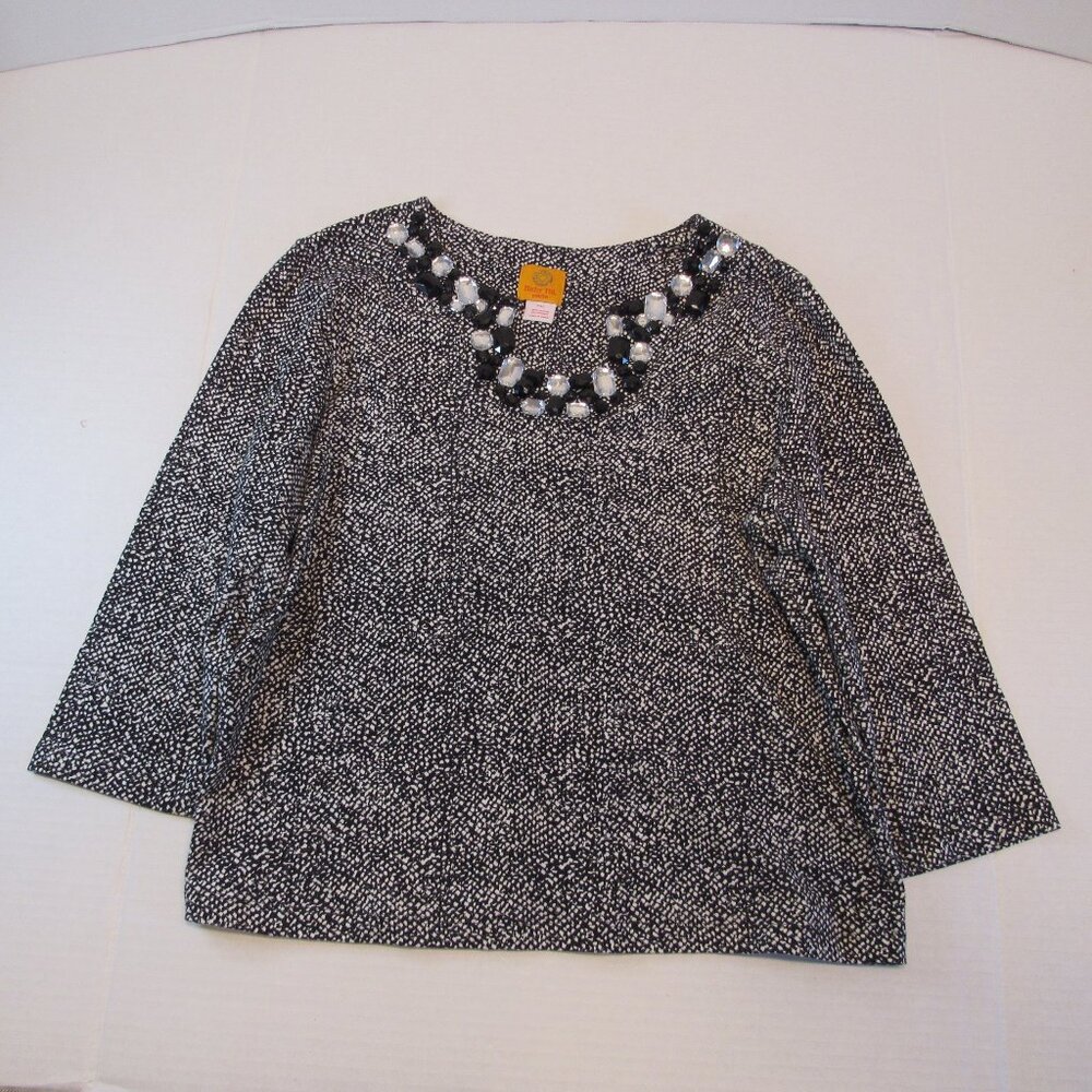 Ruby Rd. Black and White Beaded Collar 3/4 Sleeve Pullover Top Size Petite XL